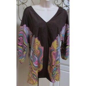 Women's GLAM Brand tunic length bubble sleeve blouse top Medium brown print